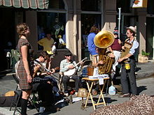 Several members of Tuba Skinny performing on the streets of New Orleans