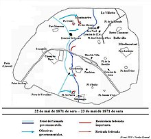 Carte montrant l'avancement des troupes versaillaises dans Paris.