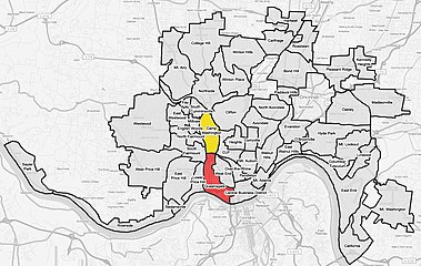 Der Queensgate Yard erstreckt sich über die Stadt­viertel Camp Washington (gelb) und Queensgate (rot)