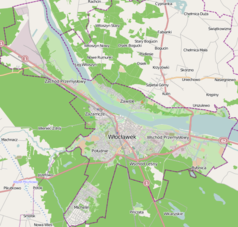 Mapa konturowa Włocławka, w centrum znajduje się punkt z opisem „Kościół ewangelicko-augsburski we Włocławku”