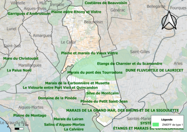 Carte des ZNIEFF de type 1 sur la commune.