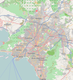 Mapa konturowa Aten, w centrum znajduje się punkt z opisem „Ateny”