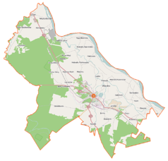 Mapa konturowa gminy Kozienice, u góry nieco na lewo znajduje się punkt z opisem „Elektrownia Kozienice”