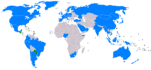 A map of the world showing countries which have relations with the Republic of China. Only a few small countries officially recognize the government of Taiwan, mainly in Central America, South America and Africa.