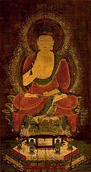 Bouddha Shaka. Couleurs et or sur soie, H. 160 cm. Première moitié du XIIe siècle. Kyoto, musée national.