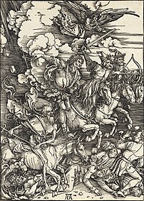 Les Quatre Cavaliers de l'Apocalypse, quatrième gravure sur bois du cycle de L'Apocalypse d'Albrecht Dürer. (définition réelle 6 918 × 9 700)