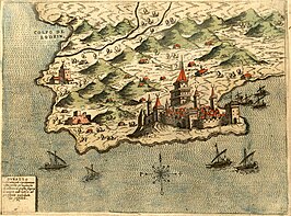 Durrës met zijn kasteel, geschilderd in 1573