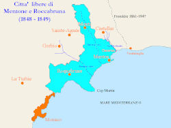 Biru langit: wilayah Kota Bebas Menton and Roquebrune; Orange: wilayah Kepangeranan Monako