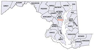 A map of Maryland showing county outlines with labels