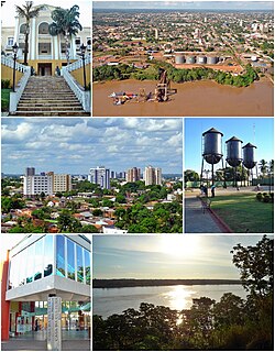 Top left:Rondônia State Government Office, Top right:Port of Porto Velho, Middle left:Porto Velho Cultural House, Middle right:Sunset in Madeira River, Bottom:Panorama view of downtown from Pedrinhas area