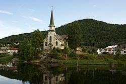 View of the Skotfoss Church, built in 1900 by workers at Skotfoss Bruk and paid for by the Papermaking Union