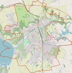 Mapa konturowa Nysy, w centrum znajduje się punkt z opisem „Bazylika św. Jakuba i św. Agnieszki w Nysie”