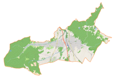 Mapa konturowa gminy Wilkowice, blisko centrum na lewo znajduje się punkt z opisem „Bystra”