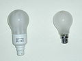 A CFL bulb designed to resemble an incandescent bulb. An incandescent bulb is shown on the right for comparison