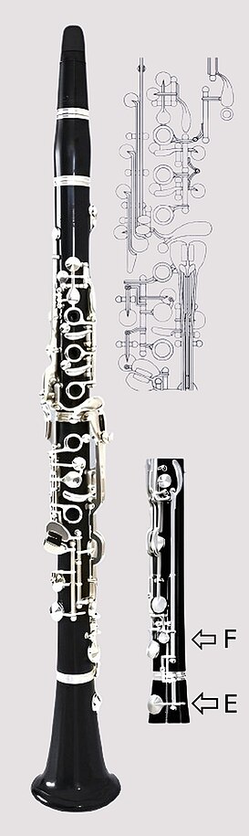 Clarinetto tedesco 1905 (Oehler), con 22 chiavi, 5 anelli e un coperchio, con meccanismo a campana per rinforzare mi e fa bassi