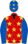 Red, yellow stars, royal blue sleeves, royal blue cap, yellow stars