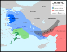 Political map in color of Asia Minor with kingdoms and states colored in different shades and a legend in German. Pergamum is shown in dark and light blue, Rhodes in dark and light green, the Taurus Mountains in dark grey, the Seleucid Empire in maroon, the courses of the Chalcedon and Maeander rivers are mapped in dark blue, Sarpedon Cape is marked. The Chalcedon serves as a border between Pergamum and the Seleucids, the Maeander as a border between Rhodes and Pergamum. The darker colored portions of Rhodes and Pergamum show their territorial extent before the Treaty of Apamea, the lighter colored portions show the extent after