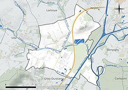 Carte en couleur présentant le réseau hydrographique de la commune