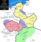 Země spojené osobou krále Václava II. kolem roku 1301:      české země      Polské království      zhruba rozsah moci Václava III. v Uhrách      země v lenní závislosti