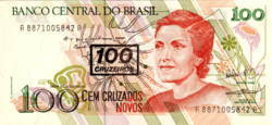 A NCz$100 banknote overstamped as Cr$100, portraying Cecília Meireles