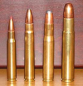 Слева направо: .30-06 Springfield, .375 Н&Н Magnum, .404 Jeffery, .505 Gibbs