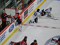 Martin Brodeur stretching during warmups.