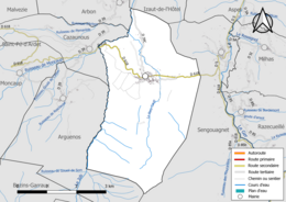 Carte en couleur présentant le réseau hydrographique de la commune