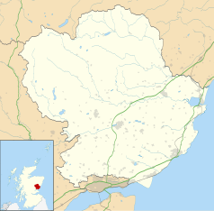 Mapa konturowa Angus, blisko prawej krawiędzi znajduje się punkt z opisem „Montrose”