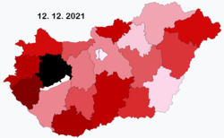 A magyarországi COVID-19 esetek 2021. szeptember 4-én közölt térképe az azt megelőző 7 napban (100 ezer lakosra)