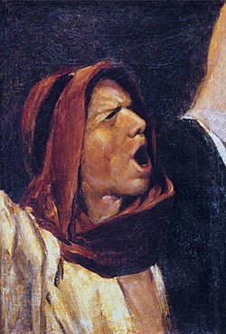 Photograph of an 1880 painting by Mihály Munkácsy depicting a man angrily shouting