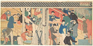 Comptoir commercial occidental à Yokohama, ukiyo-e de Utagawa Sadahide de 1861.