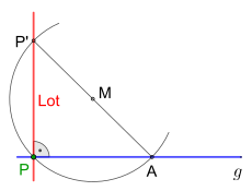 Errichten eines Lots mithilfe des Thaleskreises. Die Position des Punktes '"`UNIQ--postMath-00000029-QINU`"' ist frei wählbar.