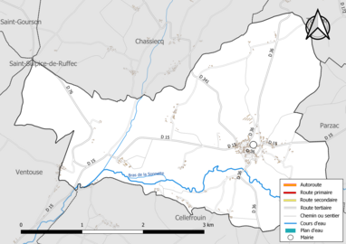 Carte en couleur présentant le réseau hydrographique de la commune