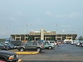 Dix Stadium's west grandstand seen from the parking lot.