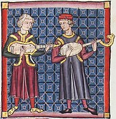 Al Andalus, Cantigas de Santa Maria, European musicians playing lute family instruments, possibly (left) citoles or guitarra latina and (right) guitarra morisca