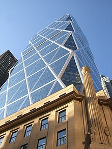 A vertical view of both sections of the tower from the ground