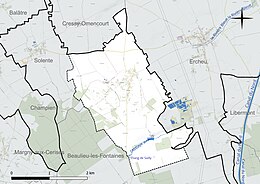 Carte en couleur présentant le réseau hydrographique de la commune