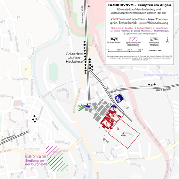 Lageplan der römischen Siedlung im heutigen Stadtbild von Kempten