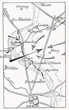 Mapka bitvy u Arrasu zachycující hlavní směr útoku z 9. května 1915