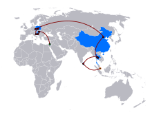 Map of Europe and Asia, with the race marked