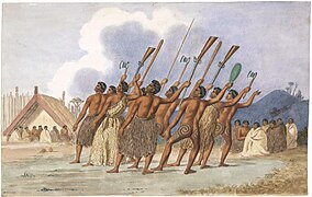 Le haka, danse rituelle māori, gravure du XIXe siècle