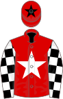 Red, white star, black and white check sleeves, red cap, black star