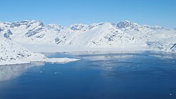 A fjord in southeast Greenland seen from the NASA P-3B during an IceBridge glacier survey.