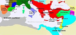 Map showing the countries surrounding the Mediterranean Sea. Along the west and southwest coasts is the Muwahid Caliphate. The Zangid Sultanate covers most of the southeast coast and the inland areas from the east coast, which is occupied by the Crusader States. The Byzantine Empire covers most of the northeast coast and inland areas. The center of the north coast is held by the Holy Roman Empire and the northwest coast is held by the kingdoms of France and Aragon.