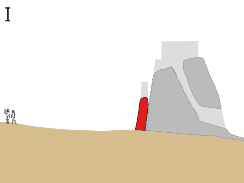 Fase I: Es va construir un mur perimetral de pedra de 3,6 m d'alçada (en vermell), adossat a la cara exterior de la torre.