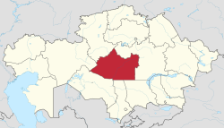 Map of Kazakhstan, location of Ulytau Region highlighted