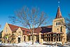 Unity Church exterior and main entrance. Stone building with bell tower