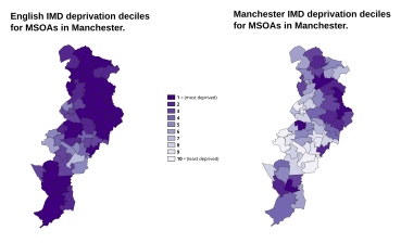 Maps of deprivation in Manchester using the English IMD decile on the left and the Manchester IMD decile on the right