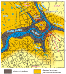 Superposition des cartes de Lille actuelle et de Lille au Moyen Âge, avec le positionnement de la Deûle.