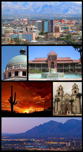 Do topo, da esquerda para a direita: Panorama de Tucson, Tribunal do Condado de Pima, Old Main, Universidade do Arizona, Parque Nacional de Saguaro, Catedral de Santo Augustie e Montanhas Santa Catalina